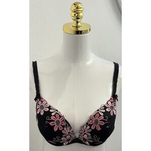Vintage Victoria’s Secret Daisy Bra Black With Pink Flowers Size 36C Padded